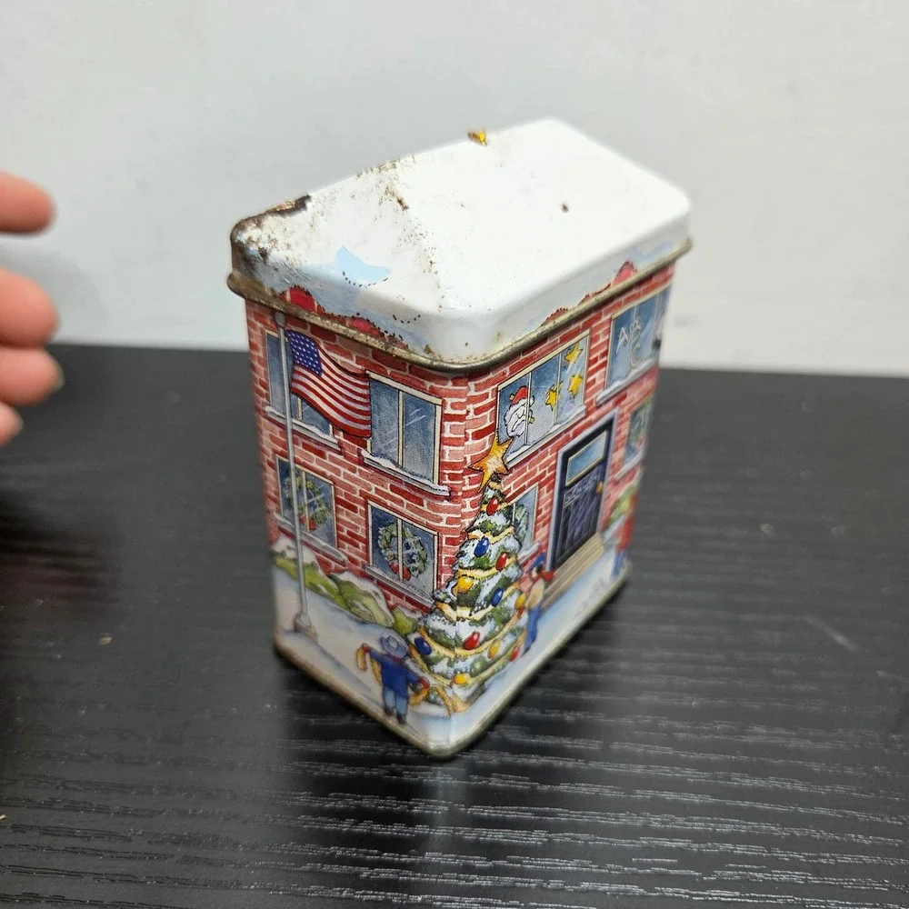 Vintage Christmas Schoolhouse Metal Tin Decorative Holiday Storage Container